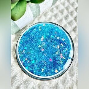 New Blue Glitter & Holographic Heart Retro 80s Style Double Mirror Purse Compact